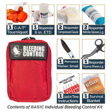 Load image into Gallery viewer, bleeding control kit comes with cat tourniquet, responder 6" etd, responder compressed gauze, nitrile gloves, permanent marker, trauma shears,instructions and survival blanket.