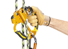 Load image into Gallery viewer, one glvoed hand operating Petzl Ascentree double handed ascender on green, white, and black rope Width= "1200" Height= "861"