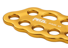 Load image into Gallery viewer, close-up on Petzl Paw rigging plate, medium yellow "Width"=1200 "Height"=861
