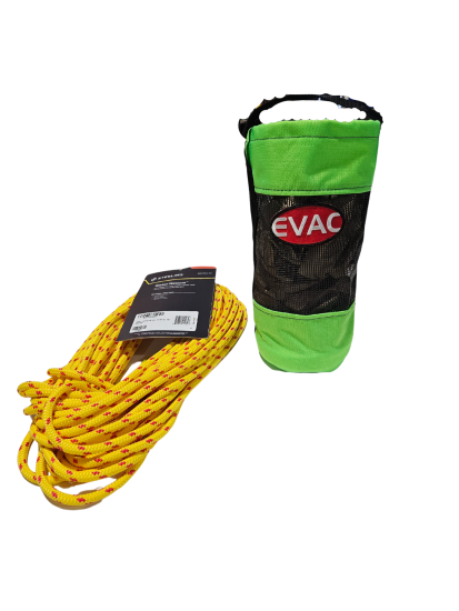 Water rescue rope throw bag, lime green, with yellow rope beside