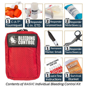 bleeding control kit comes with cat tourniquet, responder 6" etd, responder compressed gauze, nitrile gloves, permanent marker, trauma shears,instructions and survival blanket. 