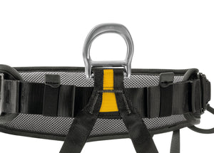 Black Falcon harness showing metal ventral attachment point