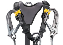 Load image into Gallery viewer, Black harness with yellow highlights showing yellow lanyard clips