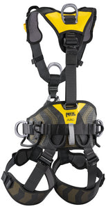 Black harness with yellow highlights rear view
