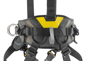 Black harness with yellow highlights lower back support view