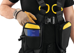 Petzl Newton Easyfit Harness, international version with gloved hand accessing storage compartment "Width"=1200 "Height"=861