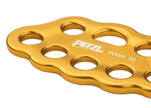 Load image into Gallery viewer, close-up on Petzl Paw rigging plate, medium yellow &quot;Width&quot;=1200 &quot;Height&quot;=861