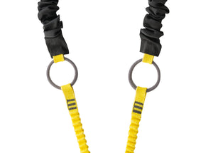 Double lanyard with integrated intermediate tie-back rings and energy absorber zoomed in on connecting rings