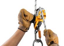 Load image into Gallery viewer, Gloved hands demonstrating Petzl Axis 11 mm rope in white color deployed through Petzl ID descender Width=&quot;1200&quot; Height=&quot;861&quot;