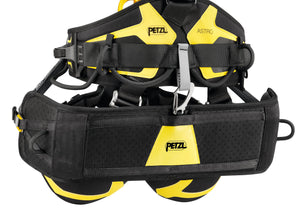Rear view of Petzl ASTRO harness with Petzl Podium Seat attached