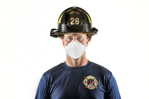 Firefighter wearing Draeger X-Plore 1750 N95 respirator without exhale valve